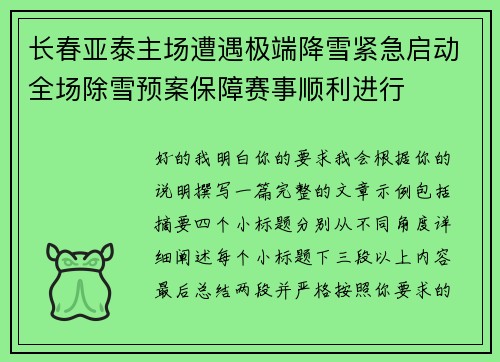 长春亚泰主场遭遇极端降雪紧急启动全场除雪预案保障赛事顺利进行 长春亚泰主场遭遇极端降雪紧急启动全场除雪预案保障赛事顺利进行